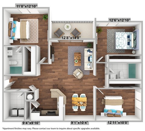 Floor plan for 3 beds, 2 baths, 1310 sqft